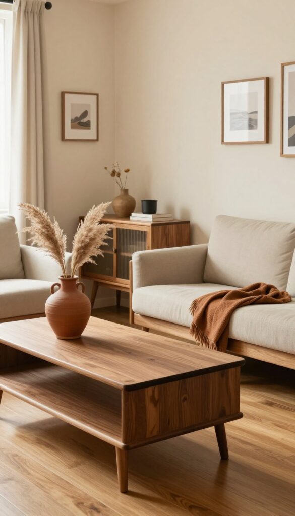 Living room with mixed wood tones, dark walnut coffee table, light oak side table, terracotta vase, and burnt umber throw, creating a warm retro feel.