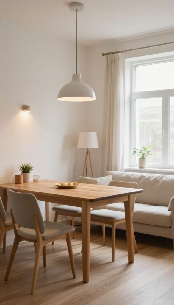 Small living-dining room with layered lighting: pendant over dining table, floor lamp by sofa, and accent light on plant.