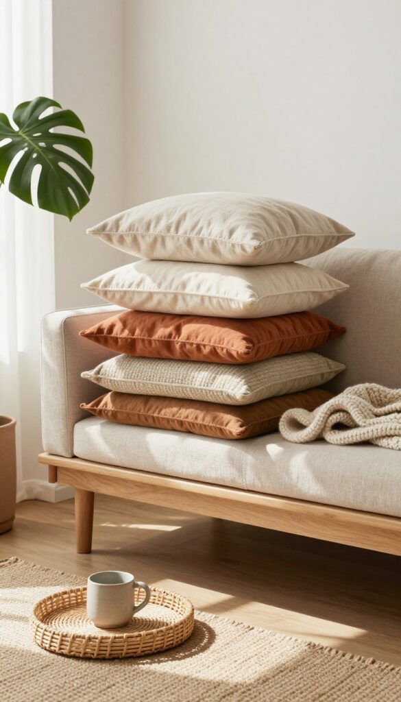 Stack of floor pillows in beige, terracotta, and olive under a console table with a rattan tray and mug nearby, bright natural light, cozy living room corner.
