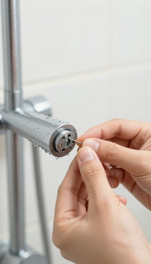 Cleaning a shower head nozzle with a pin to remove mineral deposits