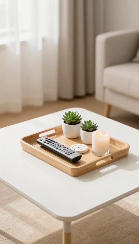 A white coffee table with a wooden tray holding a remote, coaster, succulent, and candle in a bright, airy living room.