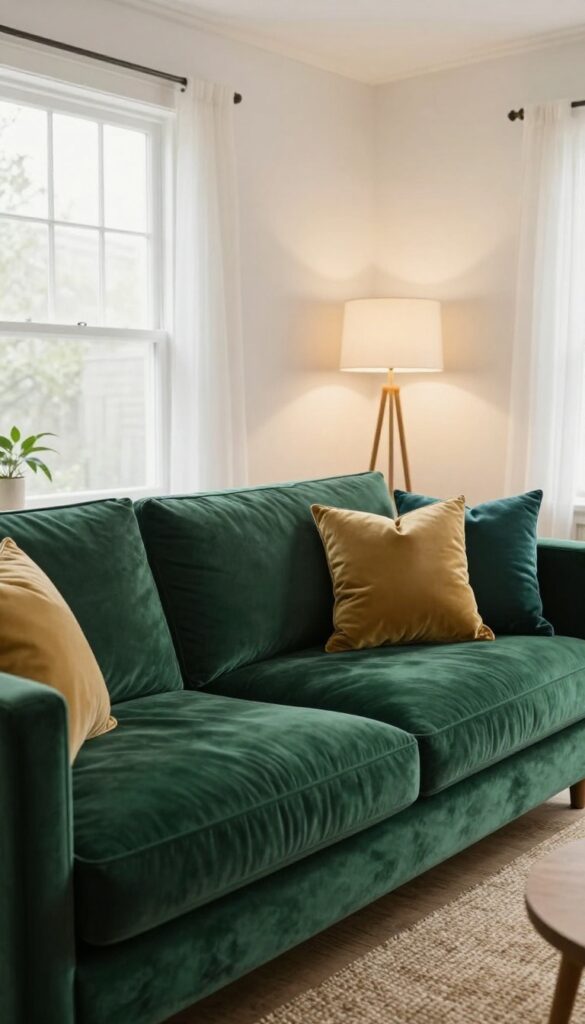 Emerald green velvet sofa in bright living room with neutral walls, jute rug, and natural light.