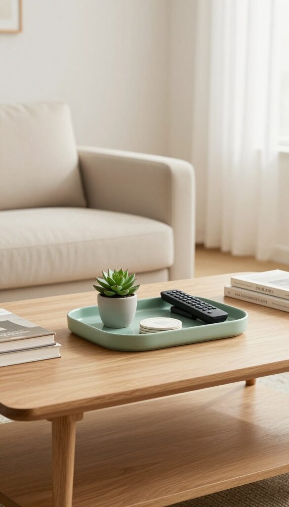 Sage green coffee table tray with succulent, coasters, and remote holder on light wood table in bright living room