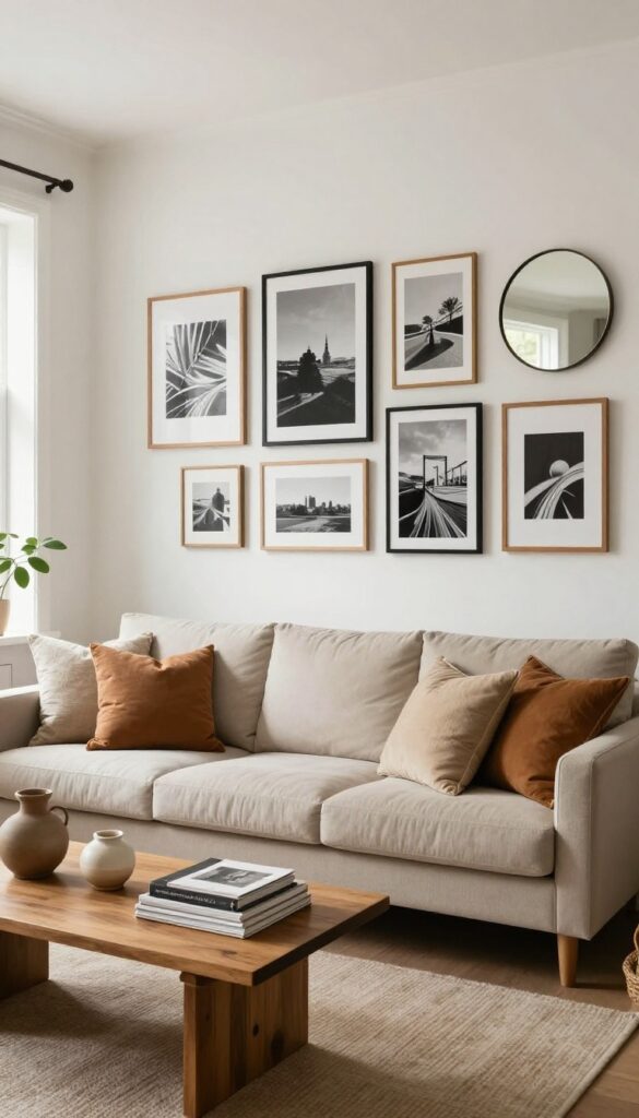 Gallery wall on the longest wall of a rectangle living room, with mixed frame styles and organic arrangement, creating a horizontal focal point.