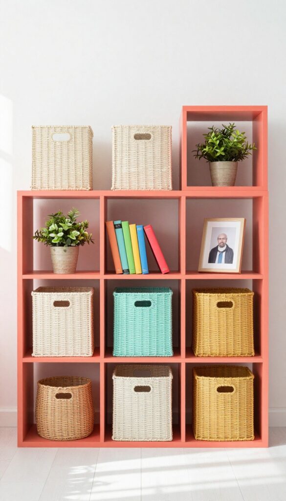 Colorful cube storage shelf with woven bins in coral, mint, and mustard, displayed in a bright living room with natural light.