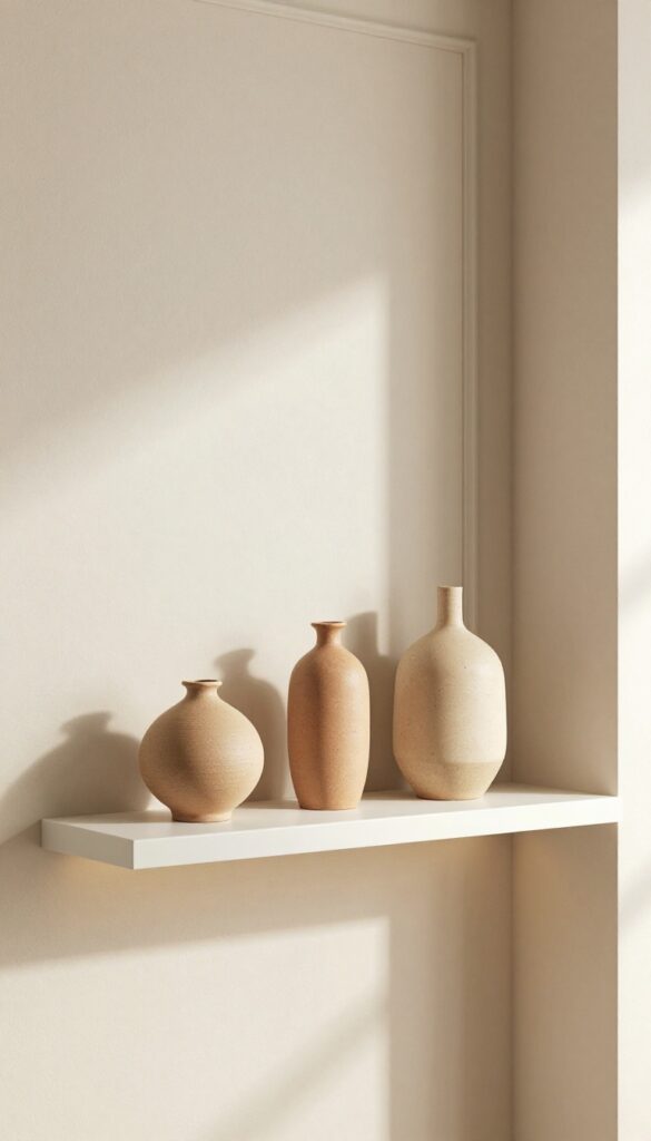 A shallow alcove in a living room with a floating shelf displaying three ceramic vases in warm tones, lit by a puck light, with natural light from a nearby window.