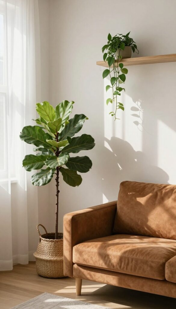 Small living room with brown couch and greenery, featuring tall fiddle-leaf fig beside sofa, pothos on shelf, and snake plants on windowsill, natural light.
