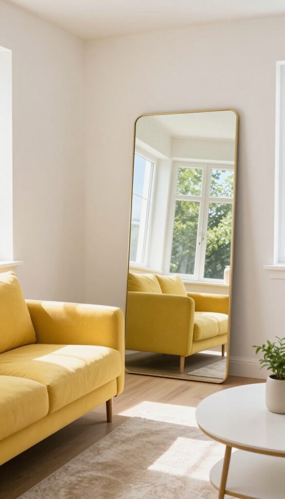 Small living room with yellow couch and large mirror reflecting window and light