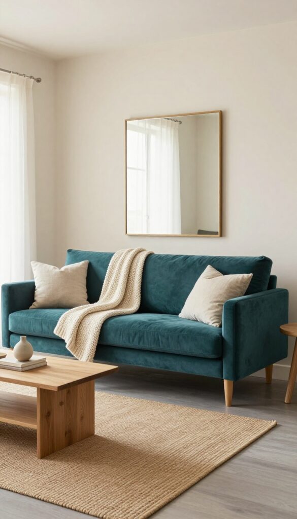 Bright modern living room with light beige walls, warm grey floor, and a deep teal velvet sofa as focal point, styled with chunky knit throw, linen pillows, jute rug, and minimalist coffee table.