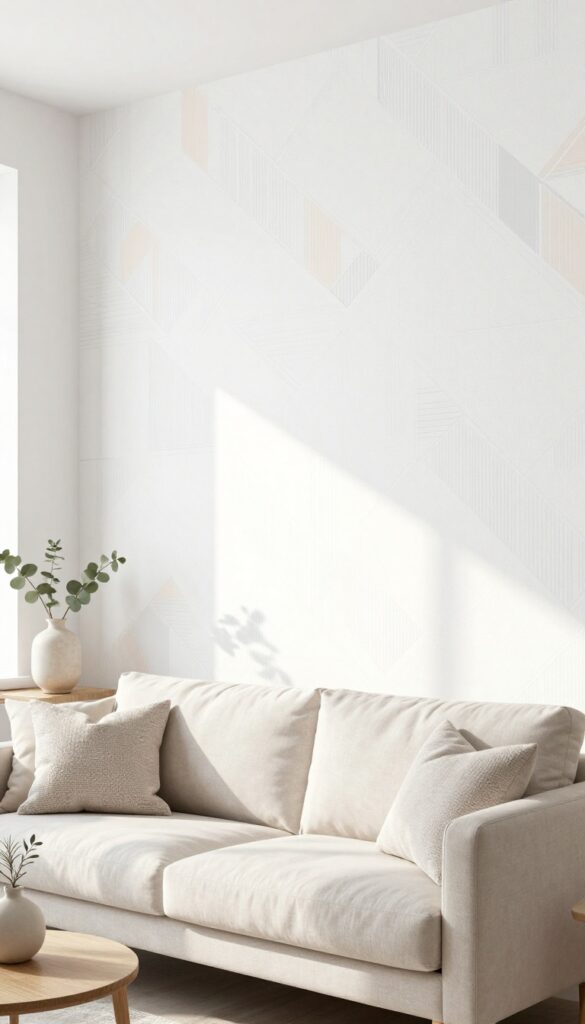 Modern living room with removable geometric wallpaper, beige sofa, and natural light