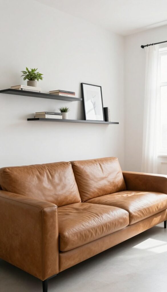 Cognac leather couch with wall-mounted shelves above, styled with books, plant, and art in a bright living room.