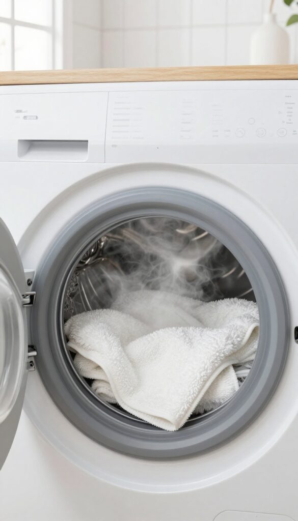White bath mat going into washing machine with steam, bright bathroom setting