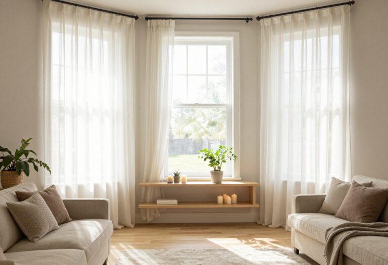 Cozy living room with layered sheer curtains and a floating shelf above the window