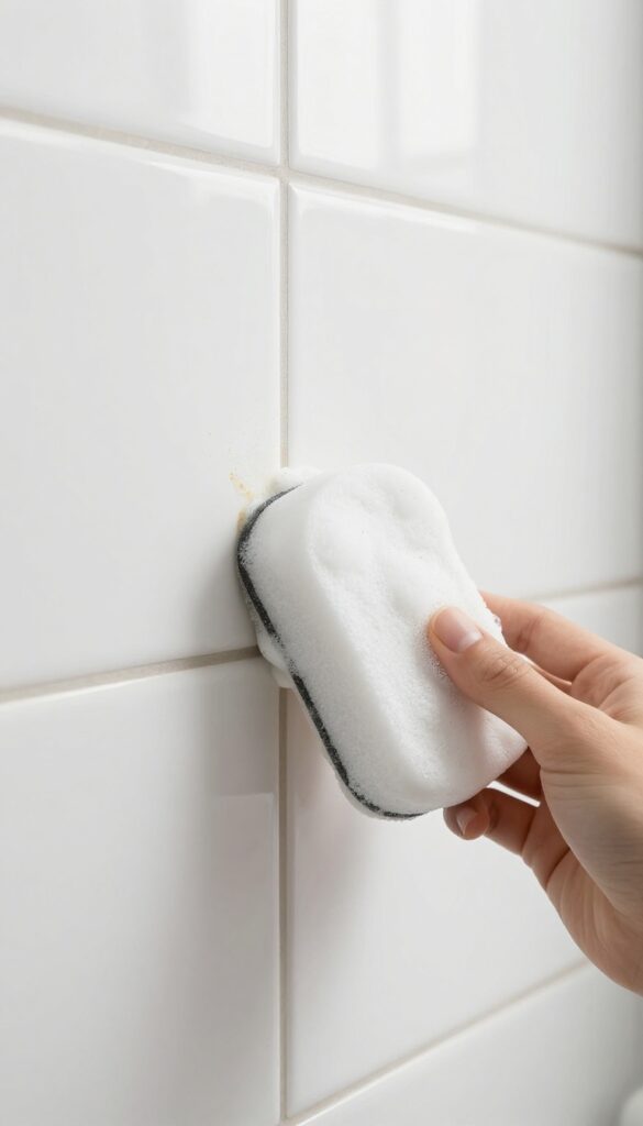 Hand using a Magic Eraser sponge to clean light stains on shower grout