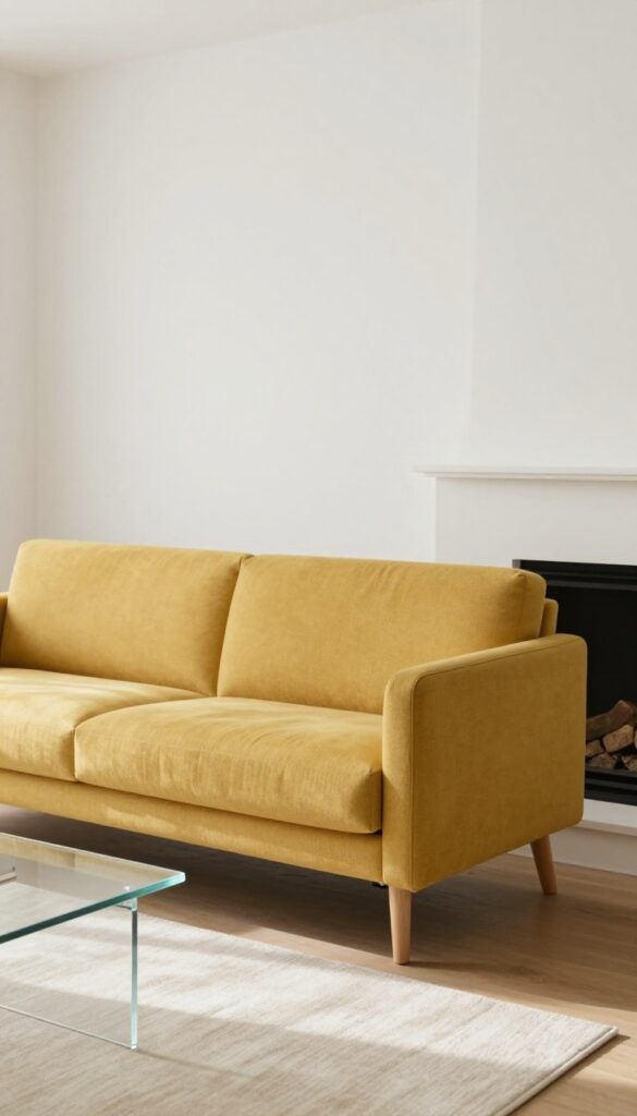 Mustard yellow slim-arm sofa in a bright, airy living room with exposed legs, light rug, and minimal decor.