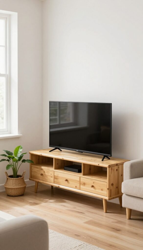 Bamboo plant stand used as a TV table in a living room corner with natural light and neutral decor.