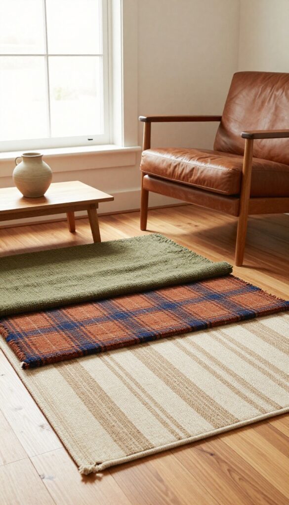 Layered rag rugs in warm earth tones on a wood floor in a cozy primitive living room