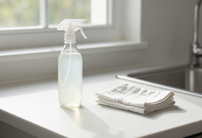 White vinegar spray bottle and microfiber cloth on a clean kitchen counter with a shiny window.