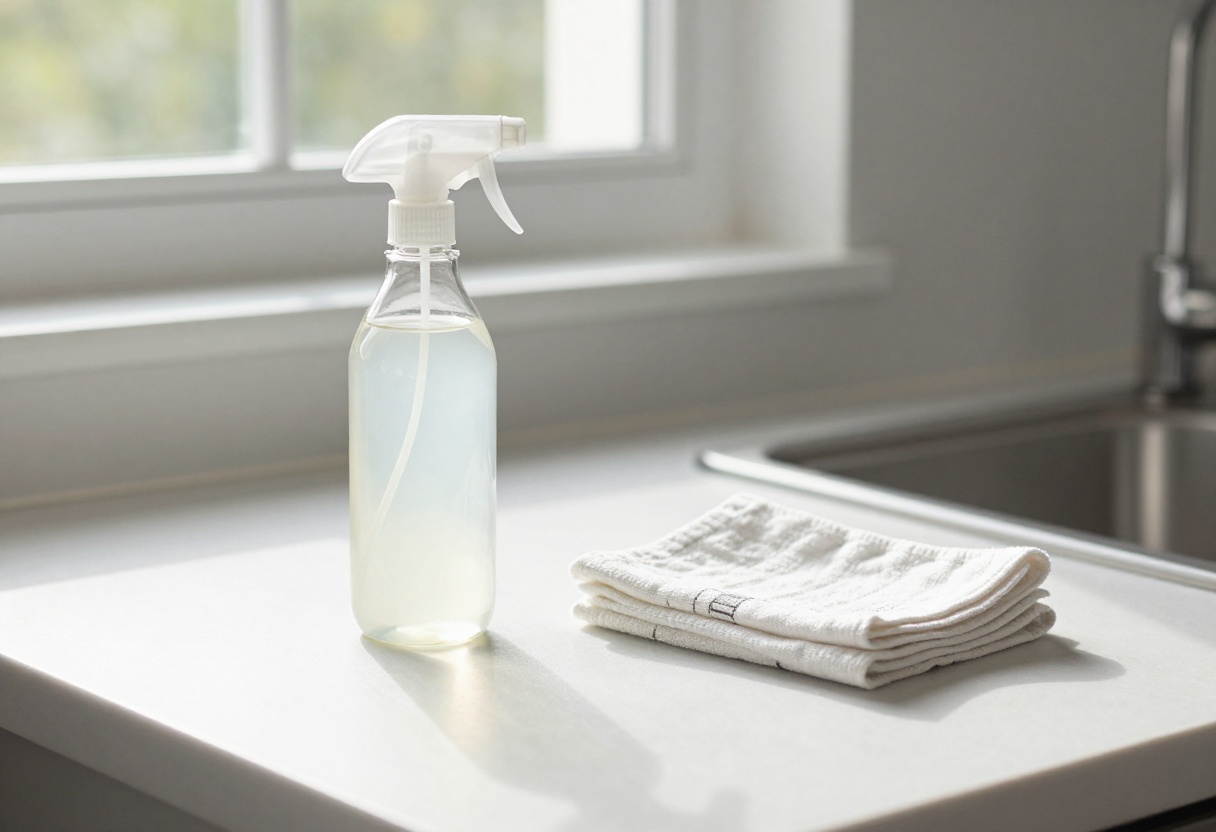 White vinegar spray bottle and microfiber cloth on a clean kitchen counter with a shiny window.