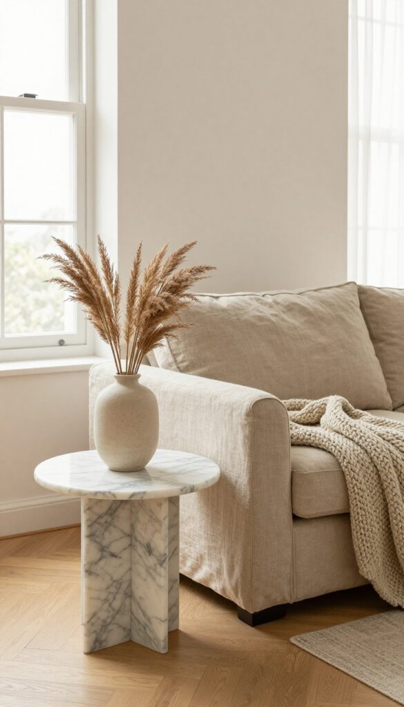 Neutral living room with marble side table next to linen sofa