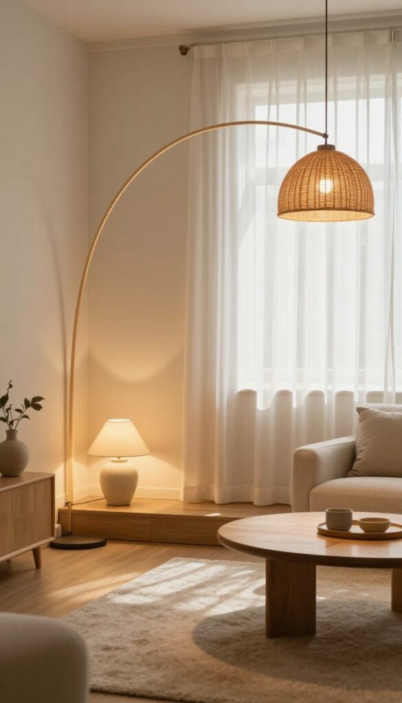Sunken living room with layered lighting from floor lamp, table lamp, and low-hanging pendant