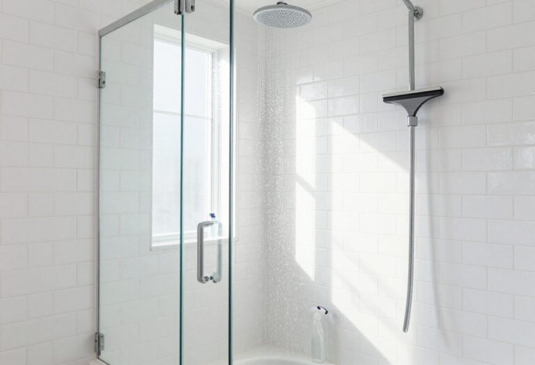 Clean shower tile with glass doors and cleaning tools