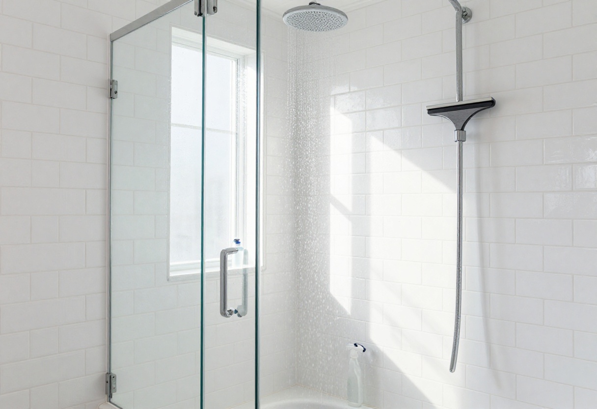 Clean shower tile with glass doors and cleaning tools