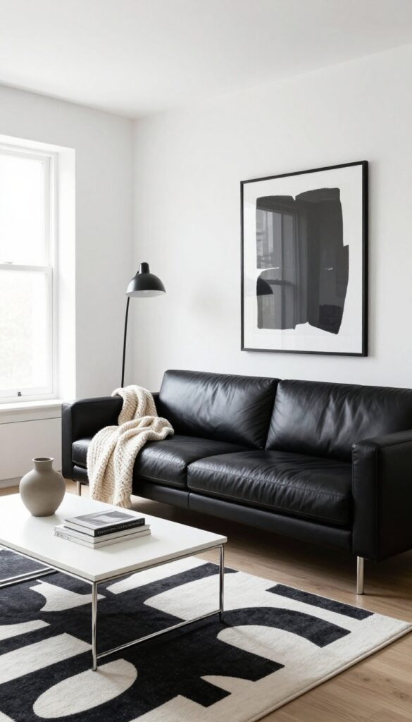 Minimalist living room with black leather sofa, white walls, monochrome rug, and natural light.
