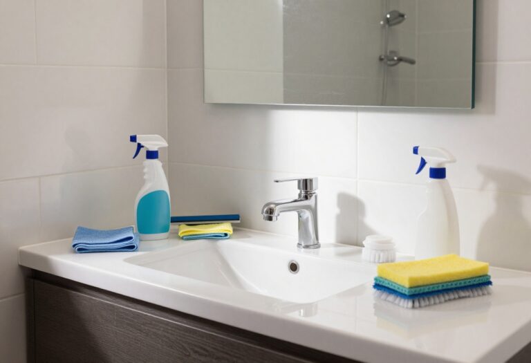 Bathroom cleaning supplies arranged on a countertop including a spray bottle, microfiber cloth, squeegee, and scrub brush in a bright, clean bathroom.