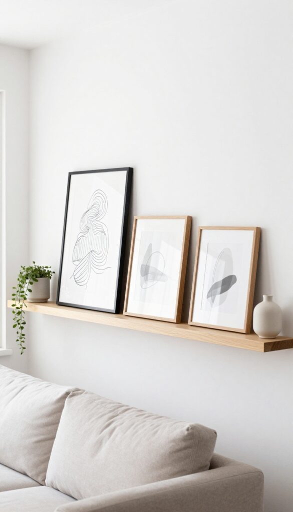 Floating shelf with leaned frames, plant, and vase in bright living room