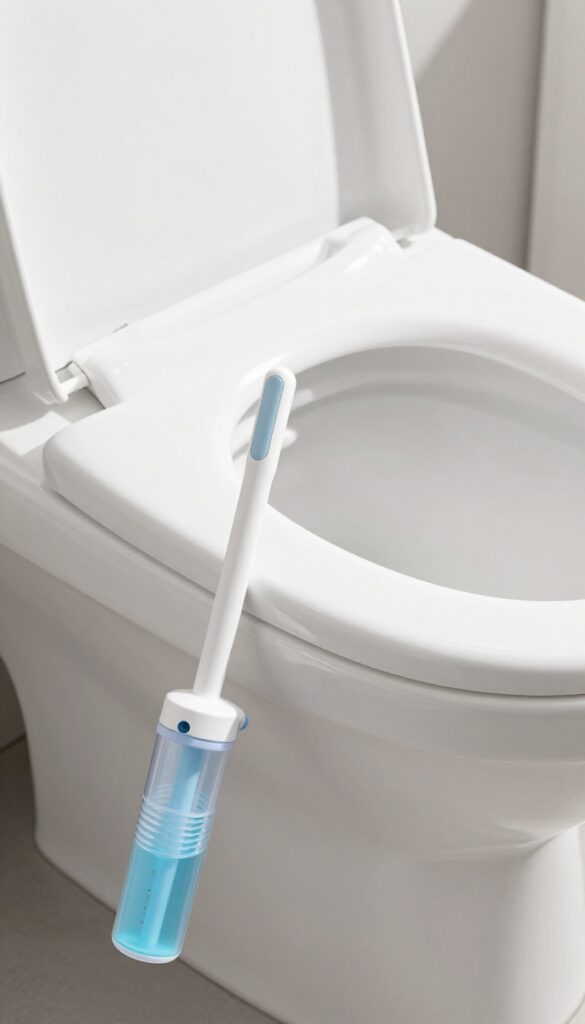Toilet brush with built-in cleaner dispenser on bathroom floor