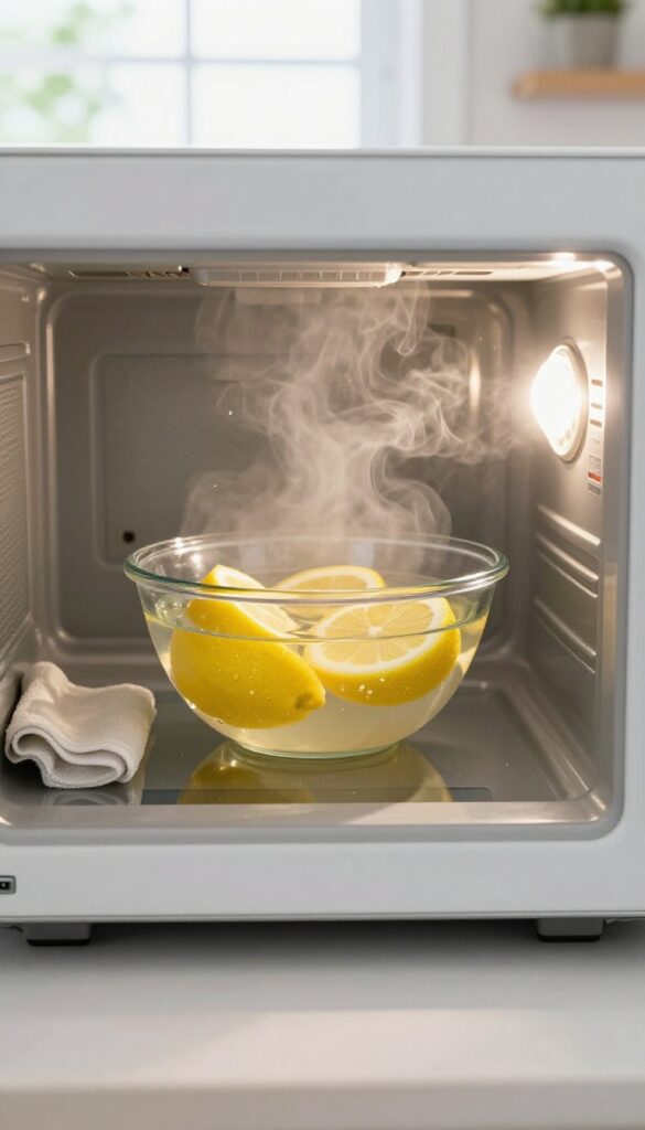 Steam cleaning a microwave with lemon water in a bright kitchen