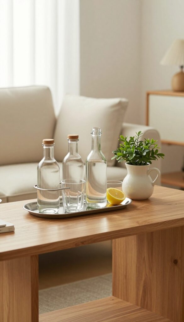 Cozy living room self-serve drink station on a console table with drinks and glassware