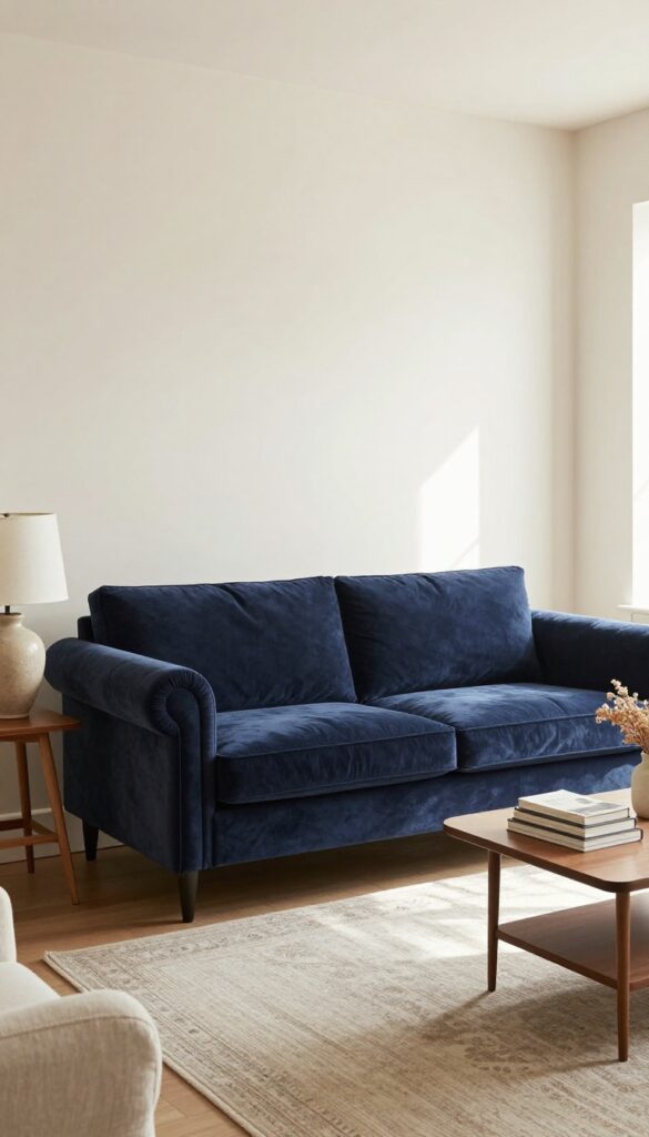 Compact navy velvet Chesterfield sofa in a small traditional living room with slim legs, side table, lamp, armchair, and coffee table, bright natural light