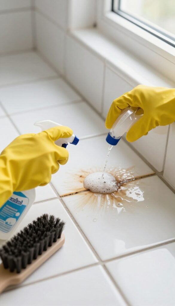 Applying commercial grout cleaner to stained grout lines on a bathroom tile floor