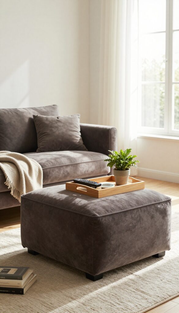 A large charcoal ottoman with a tray serving as a coffee table and extra seating in a bright, cozy living room.