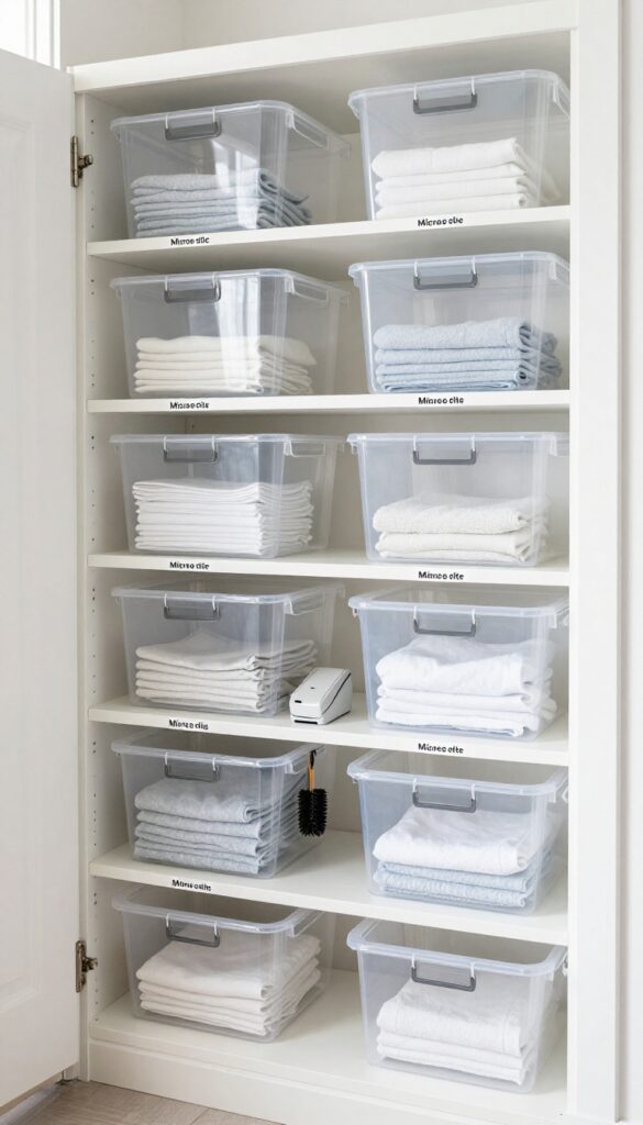 Organized cleaning supply closet with label maker labels on bins and shelves