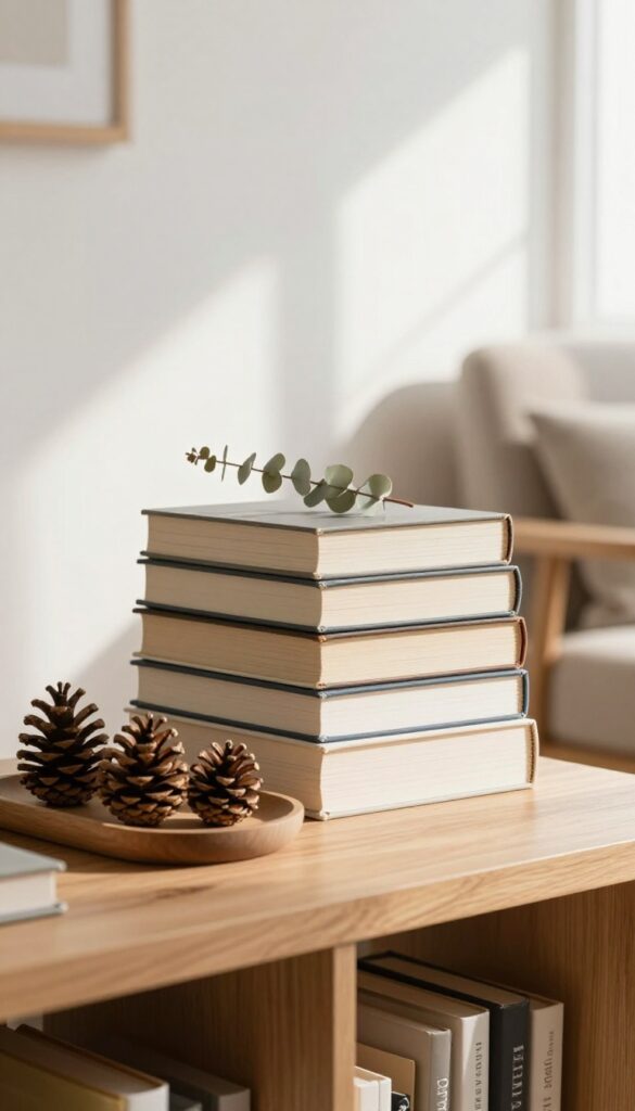 Seasonal decor rotation on a bookshelf with pinecones and eucalyptus in a bright living room