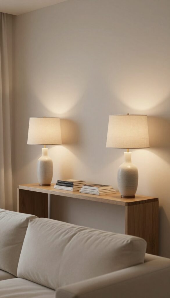 Pair of slender lamps on narrow console table behind sofa in small living room