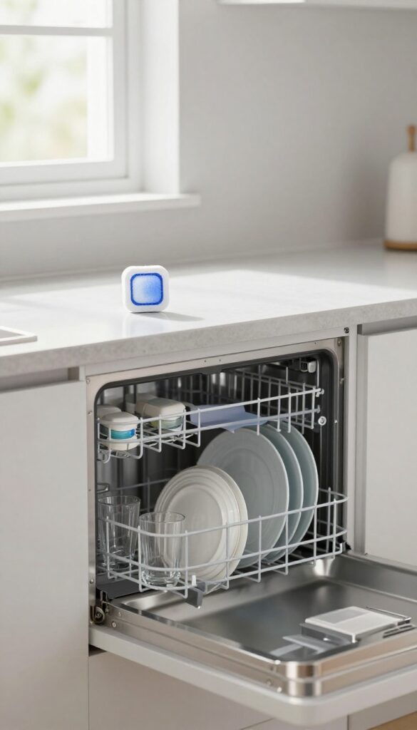 A dishwasher tablet on the top rack of a clean, modern dishwasher in a bright kitchen.