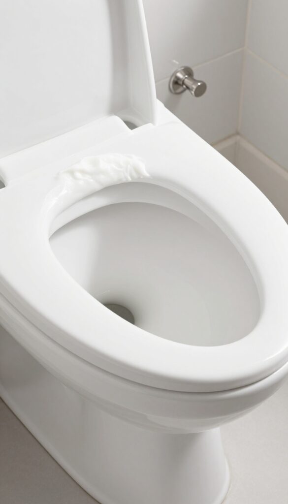 White toilet bowl with thick hydrogen peroxide and cream of tartar paste applied to stains, bright natural light, clean bathroom setting