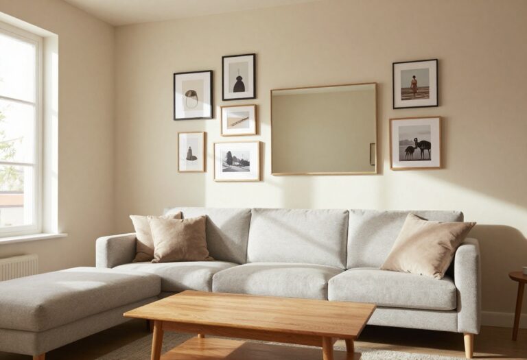 Cozy living room with a gallery wall featuring framed art and a mirror, neutral decor, and natural light.