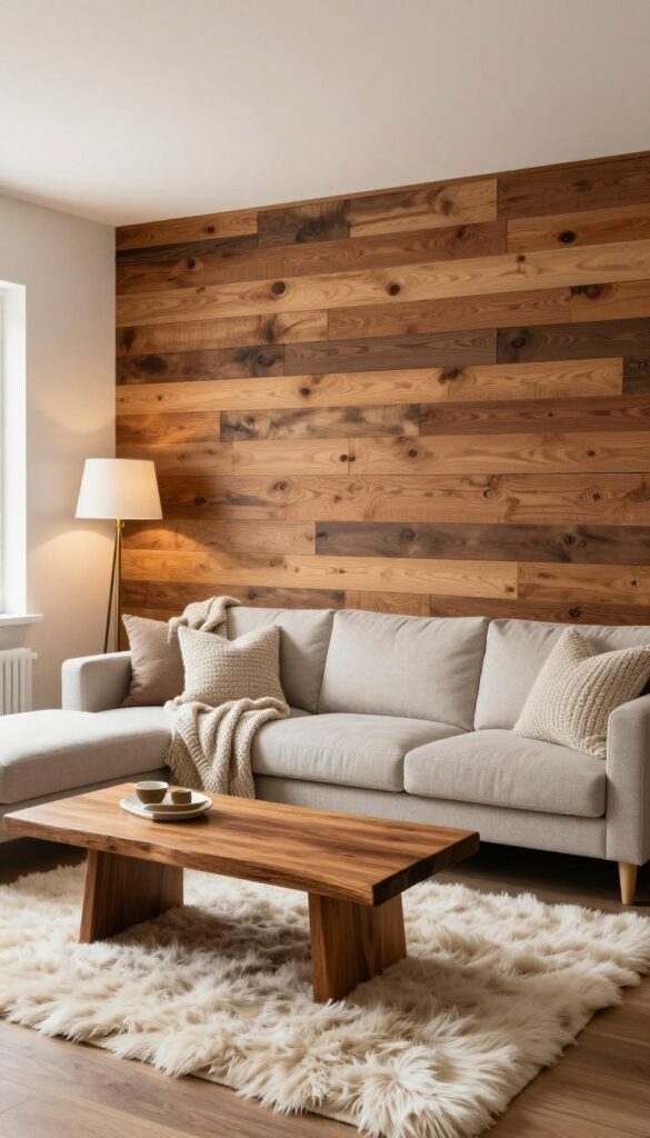 Cozy basement living room with warm wood tones, reclaimed wood accent wall, live-edge coffee table, brass lamp, and soft textures.