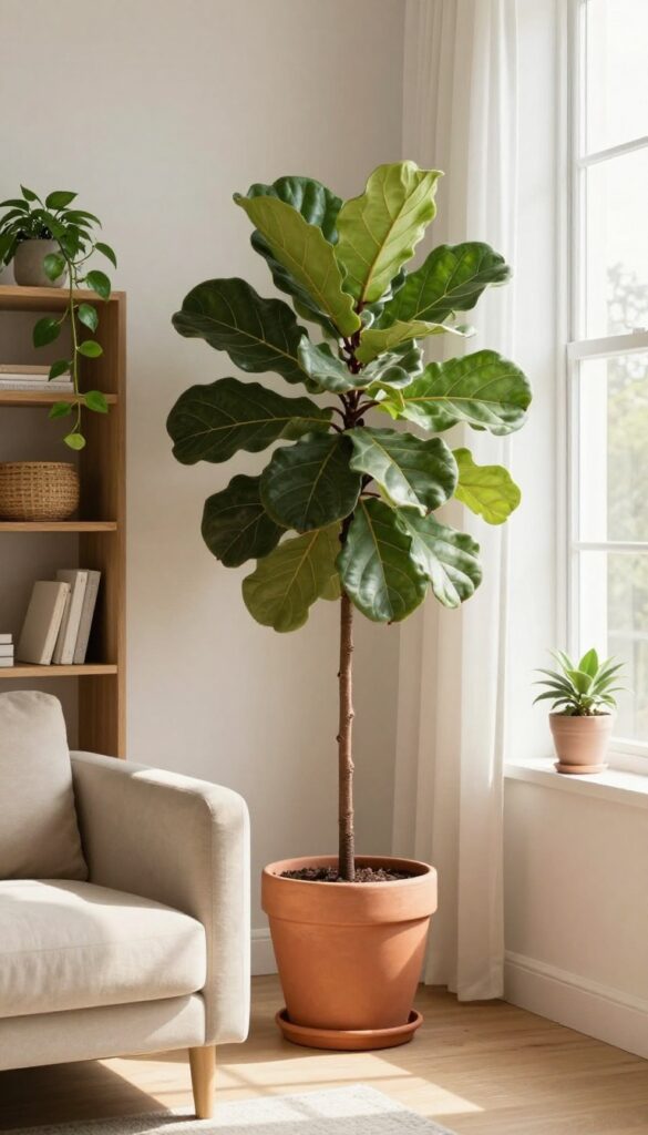 Cozy living room with tall fiddle leaf fig and trailing pothos plants in terracotta and woven pots, soft natural light