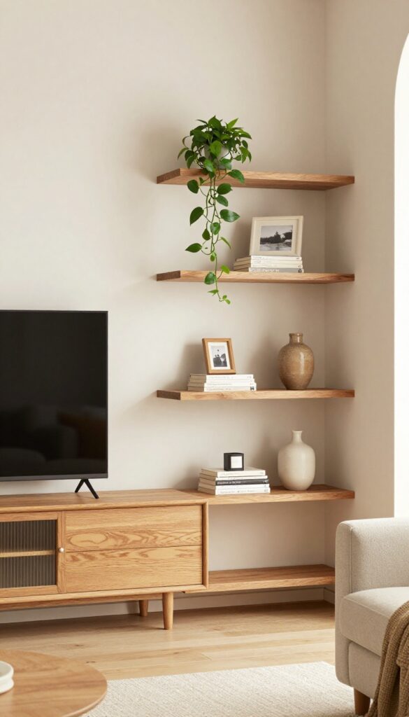 Floating corner shelves beside a TV in a living room, styled with books, plants, and decor in natural light.