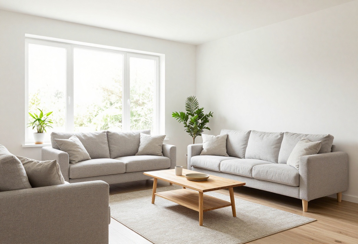 Small living room with neutral color scheme, light gray sofa, and natural wood accents