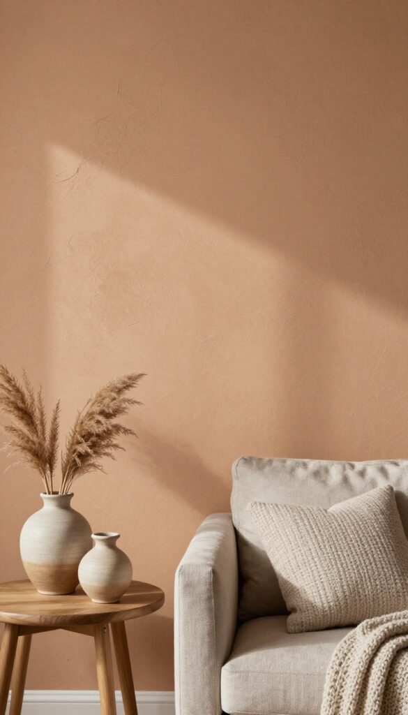 Close-up of a textured limewash wall in warm terracotta, with a wooden side table and cozy textiles in a sunlit living room corner.