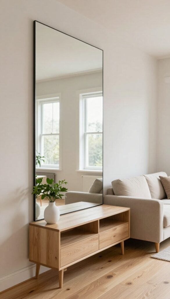 Narrow living room wall with full-length mirrored panel reflecting light from opposite window, slim console table with vase and plant in foreground.