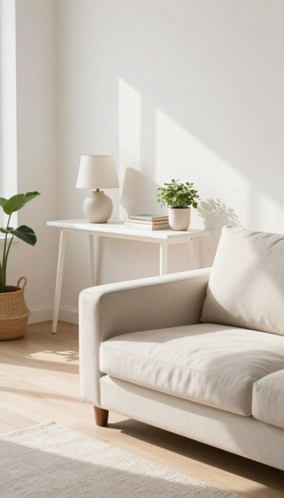 Slim console table behind sofa with lamp, books, plant, and basket in bright living room