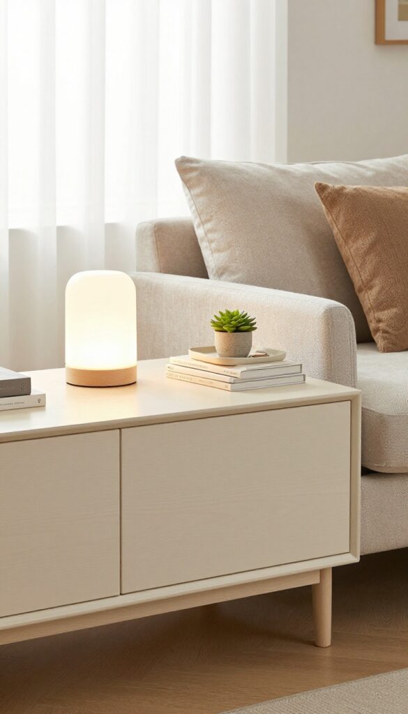 Cozy living room with a console table behind a sofa, featuring hidden drawers and a styled top with lamp and tray
